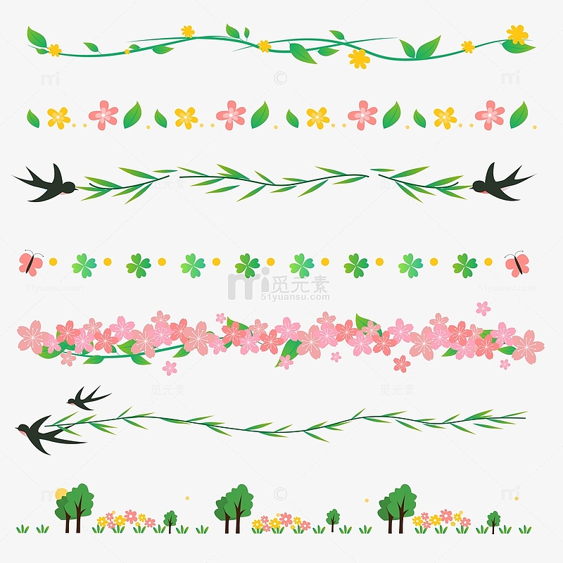 春天花草綠植樹葉柳樹線條裝飾分界線