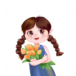 扁平肌理人物抱花小女孩