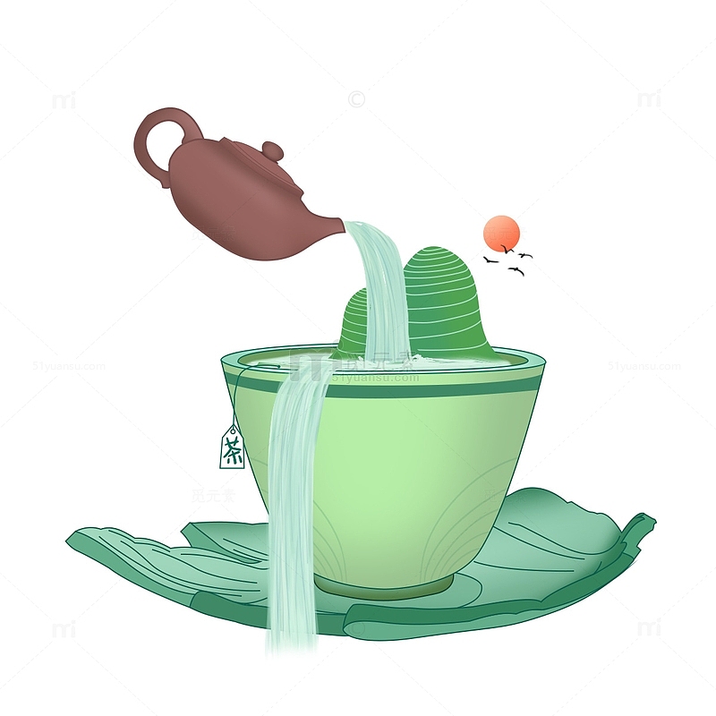 春茶场景茶壶茶山茶园落日茶叶手绘创意图