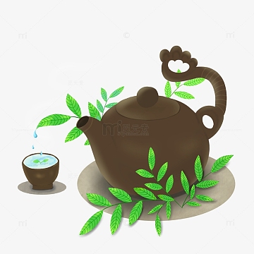 手绘茶壶茶杯茶叶春茶插画元素
