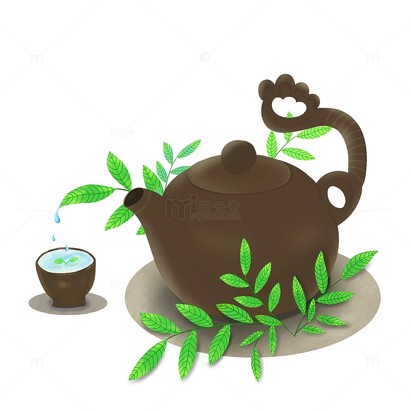 手绘茶壶茶杯茶叶春茶插画元素
