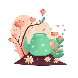 春天茶壶花草植物小清新扁平轻质感