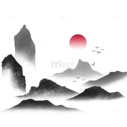 卡通国潮装饰山脉飞鸟元素