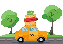卡通汽车轿车计程车行李箱树木旅行