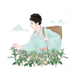 青绿国风采茶姑娘手绘图