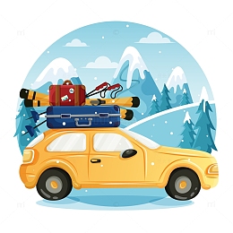 卡通汽车轿车小车行李箱冬天雪花雪地旅游