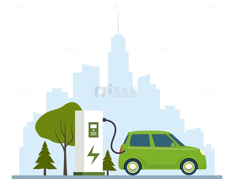 卡通汽车新能源充电充电桩绿色环保城市剪影