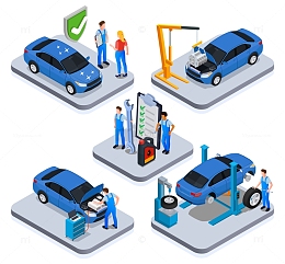 卡通汽车车辆小车保养维修修理店修理人物