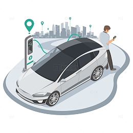 卡通汽车卡通人物新能源充电充电桩城市剪影