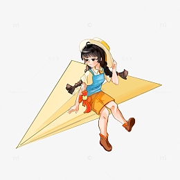 卡通儿童坐在纸飞机
