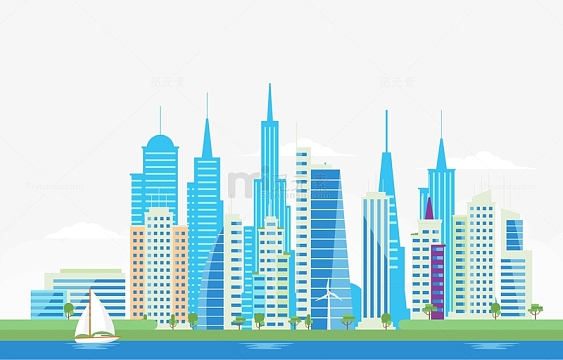 城市帆船卡通房屋大厦城市建筑城市剪影