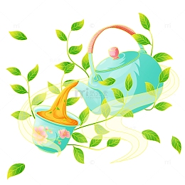 绿色茶壶倒茶水茶叶漂浮国潮手绘插画元素