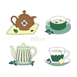 手绘小清新茶壶茶杯装饰元素