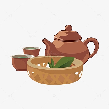 手绘褐色春茶茶具元素
