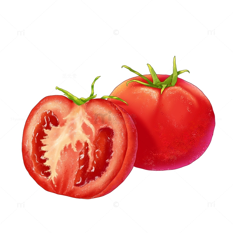 扁平风蔬菜插画红色切开西红柿菜单包装元素