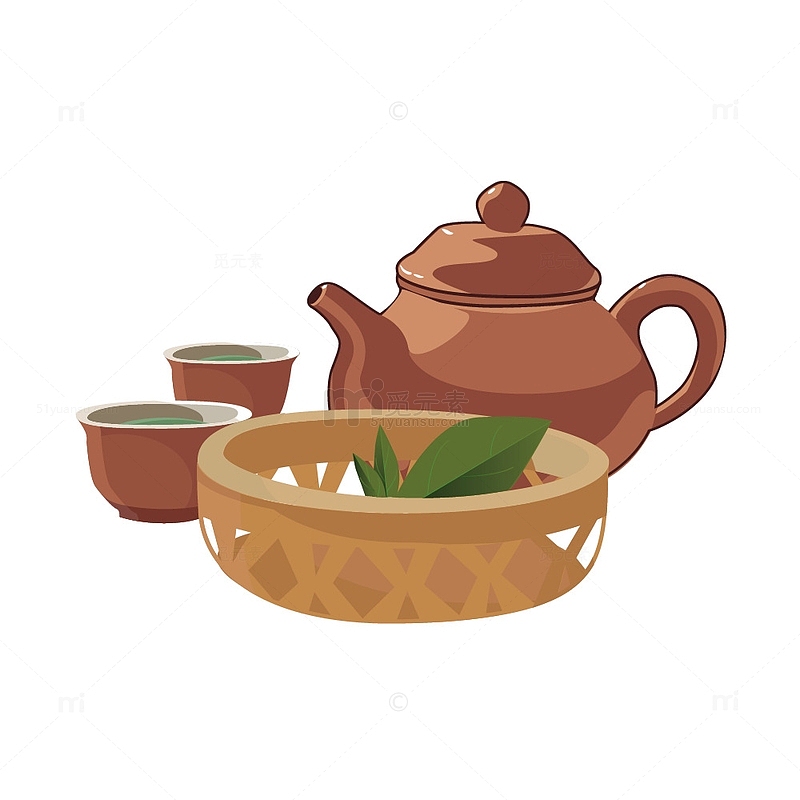 手绘褐色春茶茶具元素