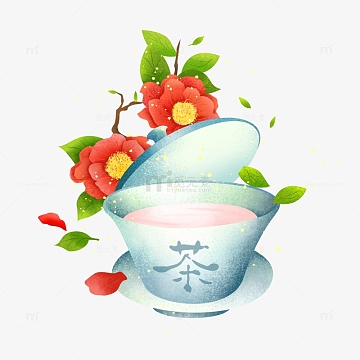 手绘春茶红色花茶杯茶盏插画元素