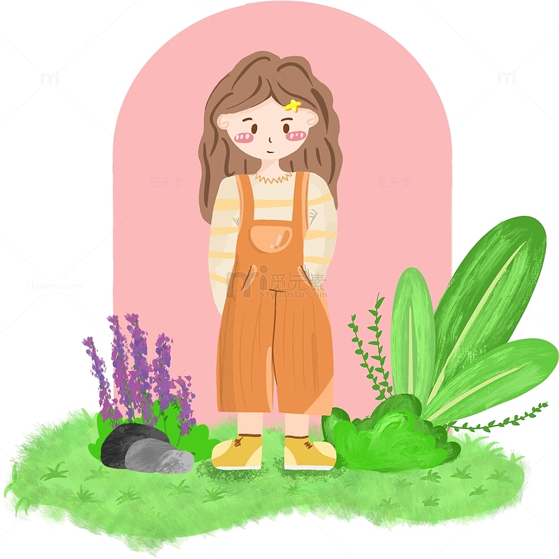 手绘在草地上的小女孩