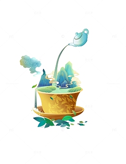 绿色春茶杯茶盏手绘插画元素