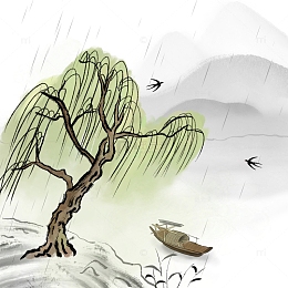 水墨柳树渔船燕子山水下雨烟雨朦胧