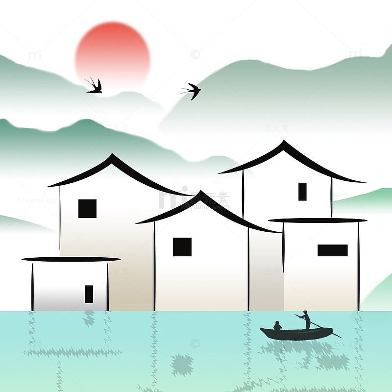国风中国风插画徽派建筑元素