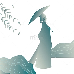 青绿色清明节撑伞的古风渐变女人背影素材