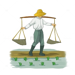 手绘春种谷雨农忙担扁担秧苗