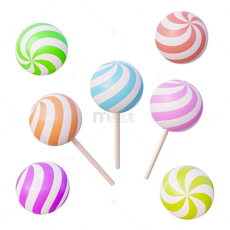 3D立体彩色棒棒糖螺旋彩色球体糖果