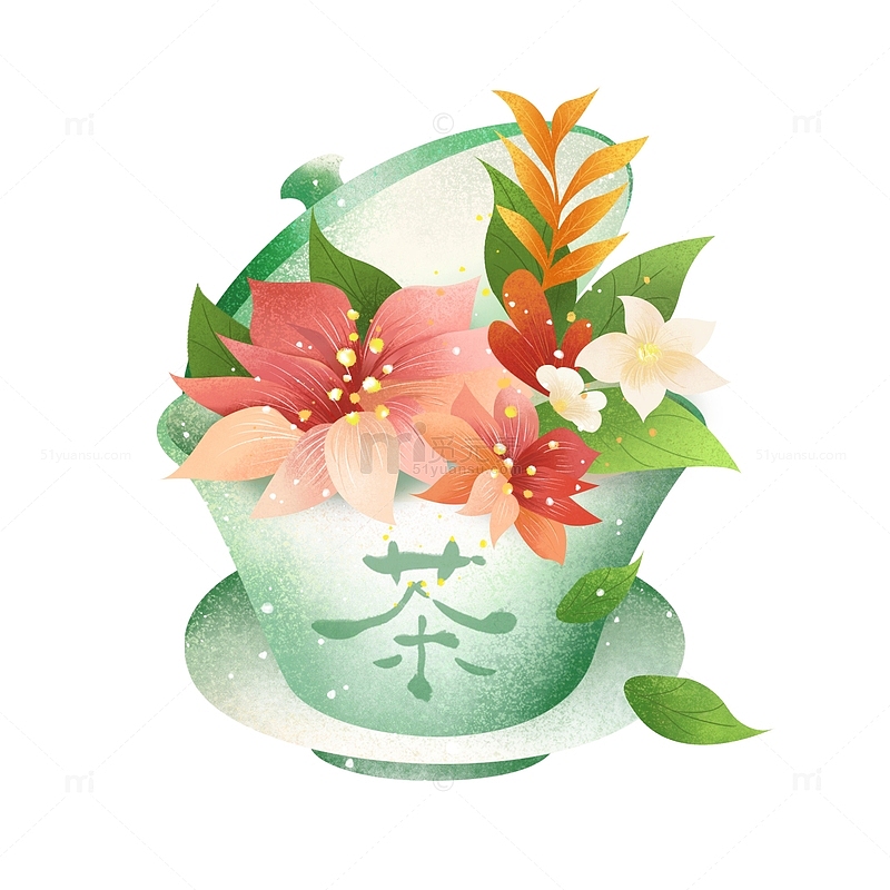 手绘春茶茶杯茶盏花卉插画元素