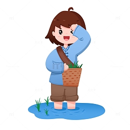 手绘女孩插秧擦汗免抠元素