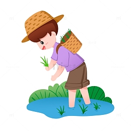 男人背着水稻插秧场景元素