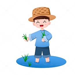 男孩在田里插秧种水稻免抠元素