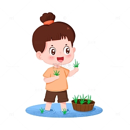 黄衣女孩在谷雨节气田里插秧元素