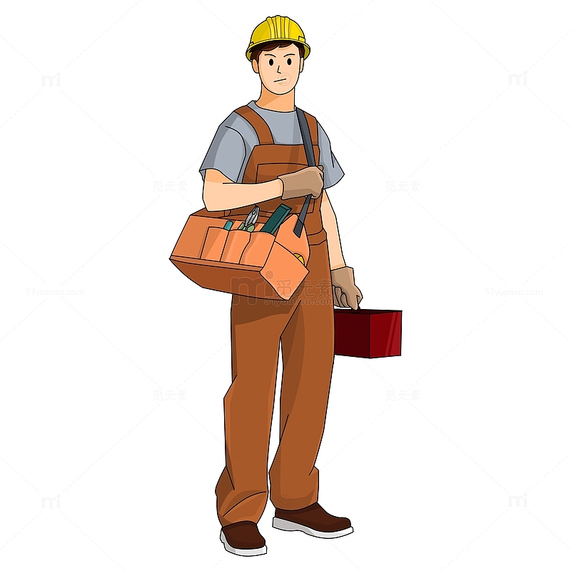 背工具包拿工具箱戴安全帽的建筑工人