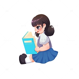 卡通风格坐着读书的女孩