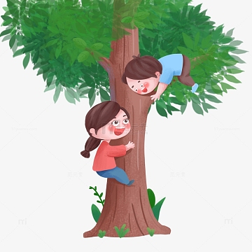 手绘卡通男孩女孩爬树玩耍