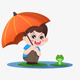 谷雨节气男孩撑伞在池塘观察小青蛙