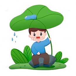 谷雨节气春雨场景男孩在荷叶下躲雨免抠元素