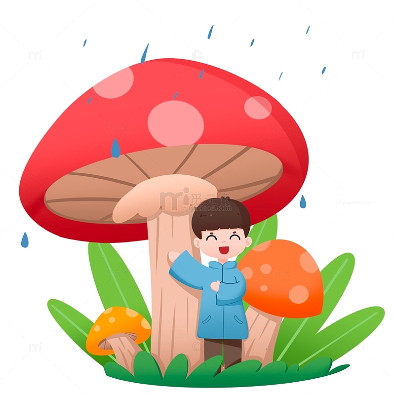 谷雨节气男孩在巨型蘑菇下躲雨场景元素