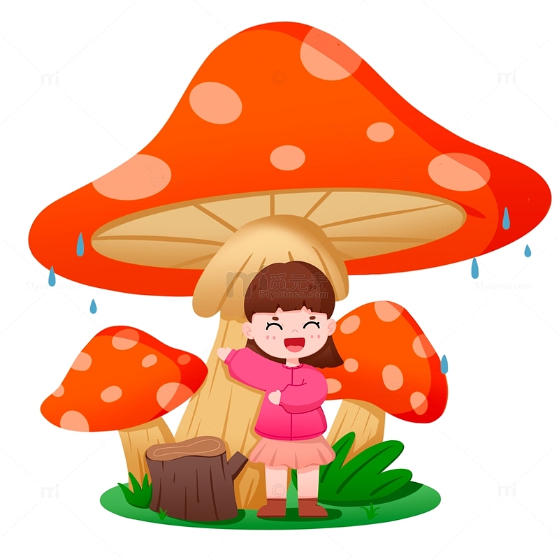 谷雨节气女孩在蘑菇下躲雨免抠元素