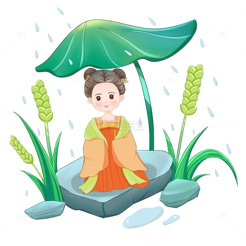 谷雨节气下雨女孩荷叶躲雨稻谷植物元素手绘