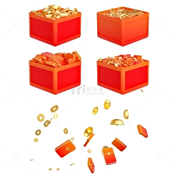 C4D红色卡通金币元宝宝箱红包元素
