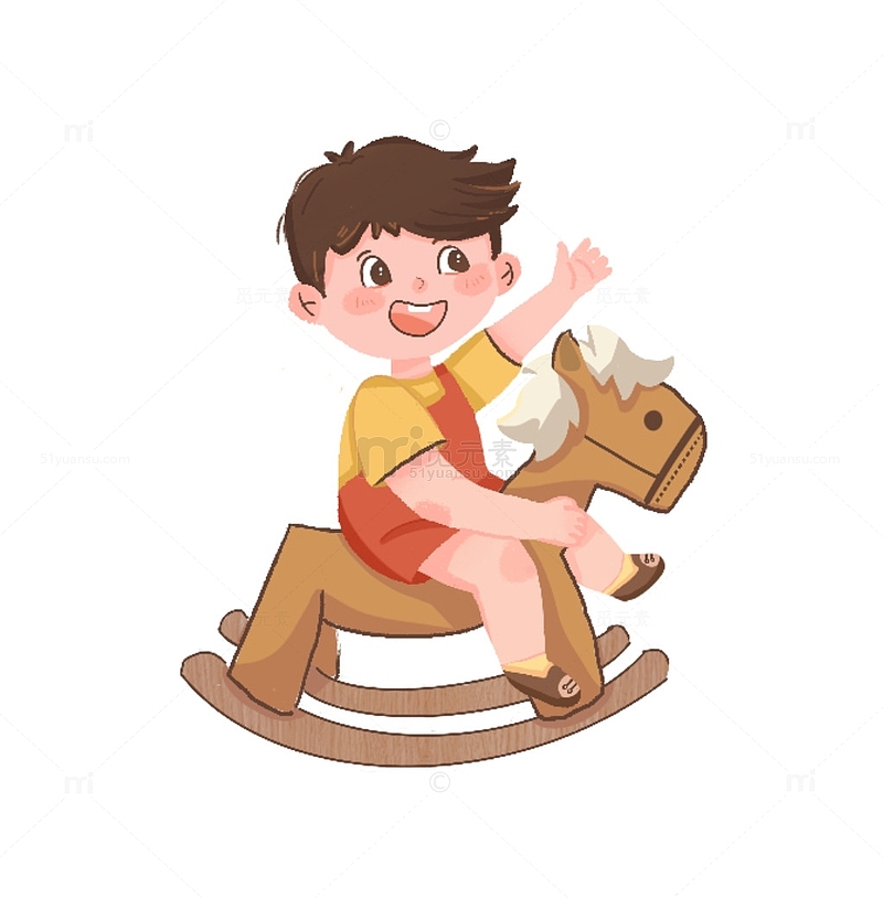 儿童节卡通手绘骑木马的小男孩描边