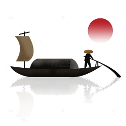 水墨小船日出划船元素