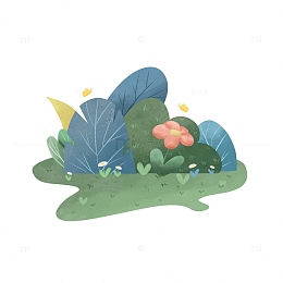 手绘春天蓝绿色小清新树叶花朵绿植元素