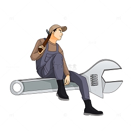 劳动节创意卡通坐在扳手上的工人