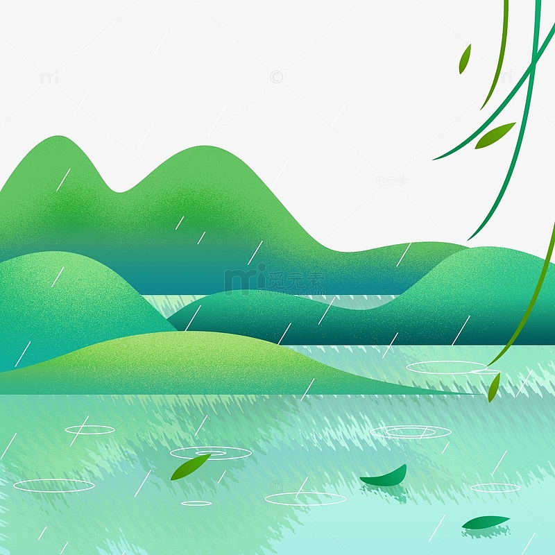 谷雨节气绿色插画山水元素