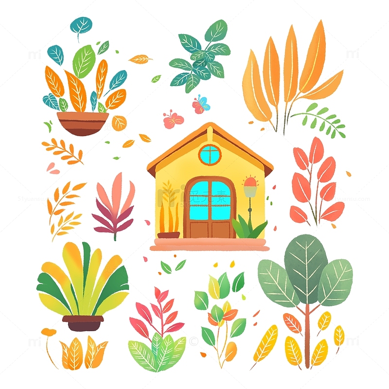 手绘插图植物房子