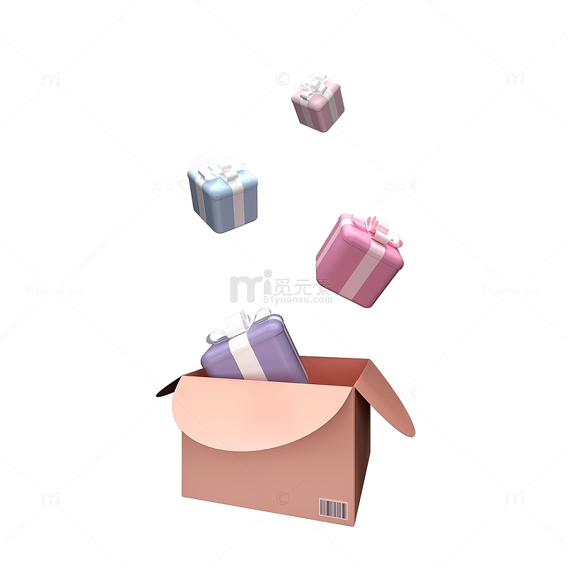 马卡龙色可爱3D立体礼物盒漂浮纸箱元素