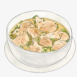 水彩手绘清汤抄手馄饨